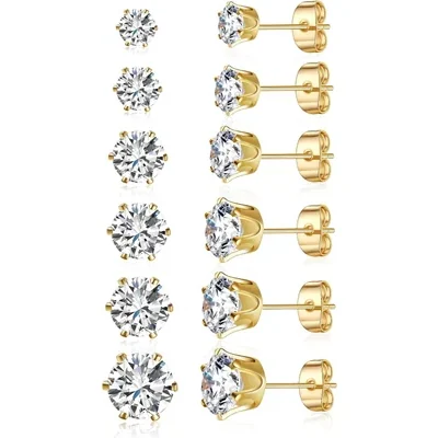 Stud Earring Set, Five and Six Pairs by Gemsme, Yellow Gold · Round 6 Prong