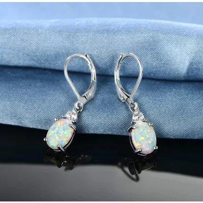Oval Created Opal Drop Earrings by Gemsme, 7*9mm · Oval Created Opal White Gold Plated