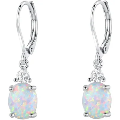 Oval Created Opal Drop Earrings by Gemsme, 7*9mm · Oval Created Opal White Gold Plated
