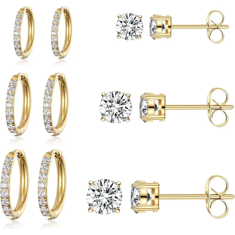 Huggie and Stud Set, Six Pairs by Gemsme, Gold (hoops 8/10/12mm studs 3/4/5mm)