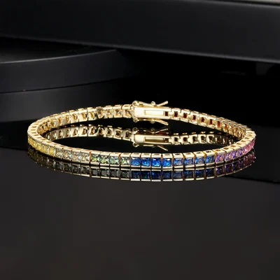 Dainty Rainbow Tennis Bracelet by Gemsme, 18K Yellow Gold · Princess · Cut (bezel Set) · 2.5mm