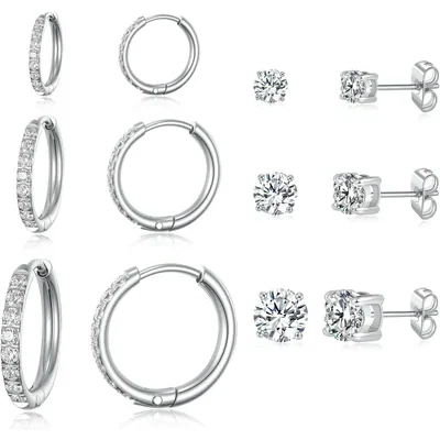 Huggie Hoop Set, Three Pairs by Gemsme, White (hoops 8/10/12mm studs 3/4/5mm)