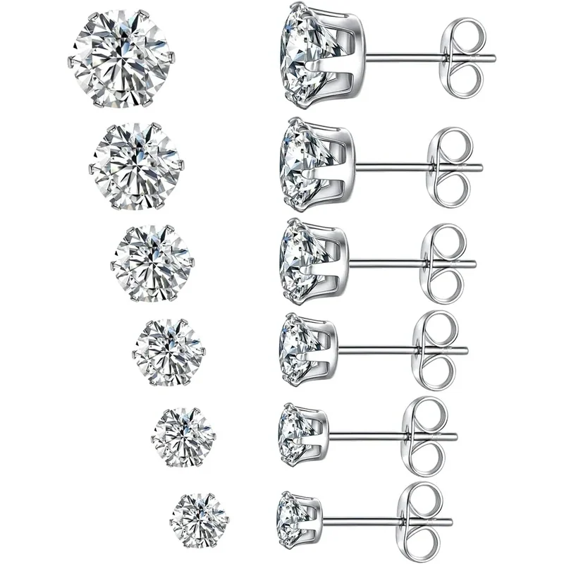Stainless Steel Stud Set, Six Pairs by Gemsme, White