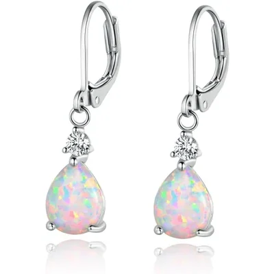 Oval Created Opal Drop Earrings by Gemsme, 7*9mm · Created Opal+CZ White Gold Plated