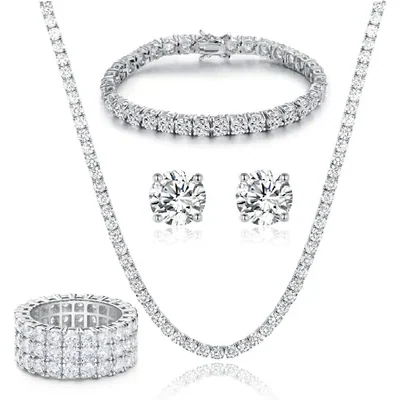 Four-Piece Tennis Set with Three-Row Ring by Gemsme, White