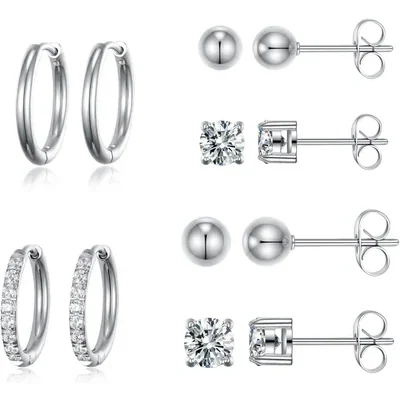Huggie and Stud Set, Six Pairs by Gemsme, White (studs 3/4mm hoops 8/12mm)