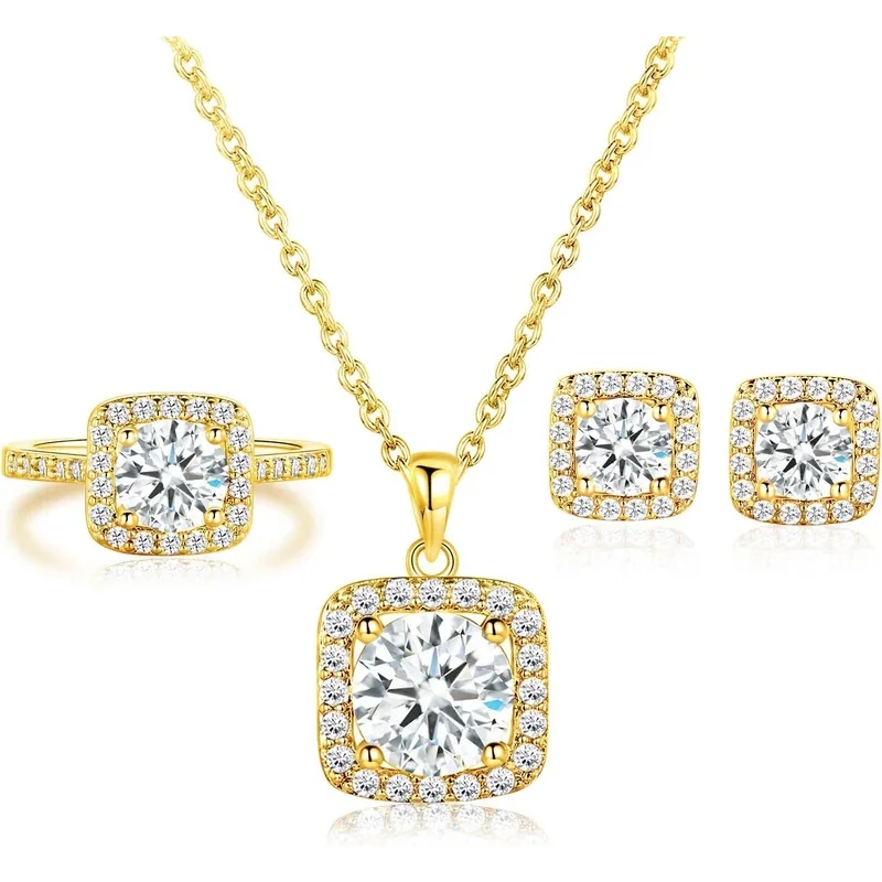 Halo Necklace, Earrings and Ring Set by Gemsme, Gold