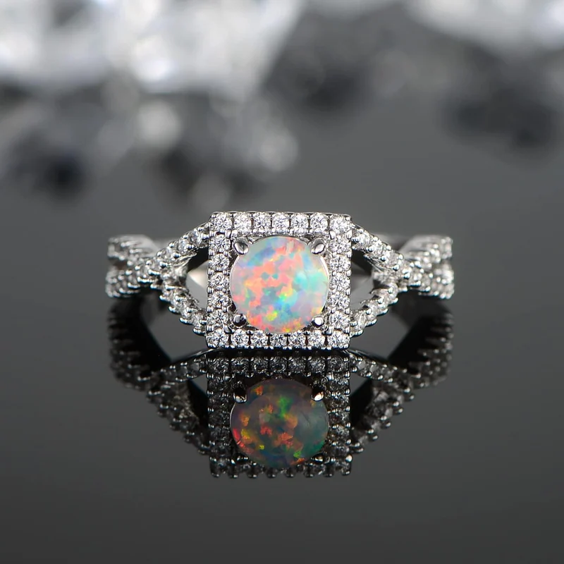 Square Created Opal Halo Ring by Gemsme