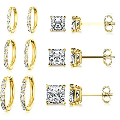 Huggie and Stud Set, Six Pairs by Gemsme, Gold (hoops 8/10/12mm studs 3/4/5mm)