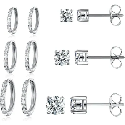 Huggie and Stud Set, Six Pairs by Gemsme, White (hoops 8/10/12mm studs 3/4/5mm)