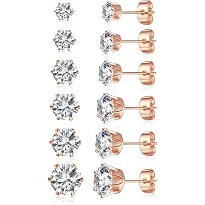 Stud Earring Set, Five and Six Pairs by Gemsme, Rose Gold · Round 6 Prong