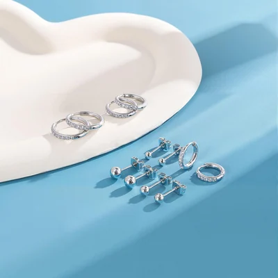 Huggie Hoop Set, Three Pairs by Gemsme, (hoops 8/10/12mm studs 3/4/5mm) · White